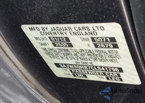 2012 Jaguar Xf Portfolio из США, поврежденный, VIN SAJWA0HB7CLS41796